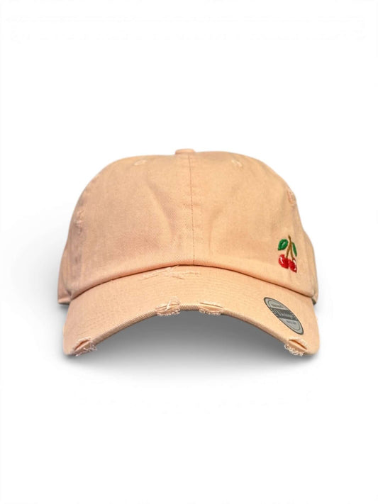 Vintage distressed dad hat with embroidered cherries, high quality dad hat in caps American style