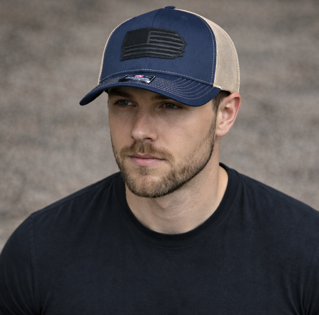 Richardson 112 hat with black leather American flag design, high quality caps American style