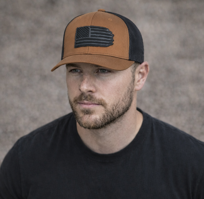 Richardson 112 hat with black leather American flag design, high quality caps American style