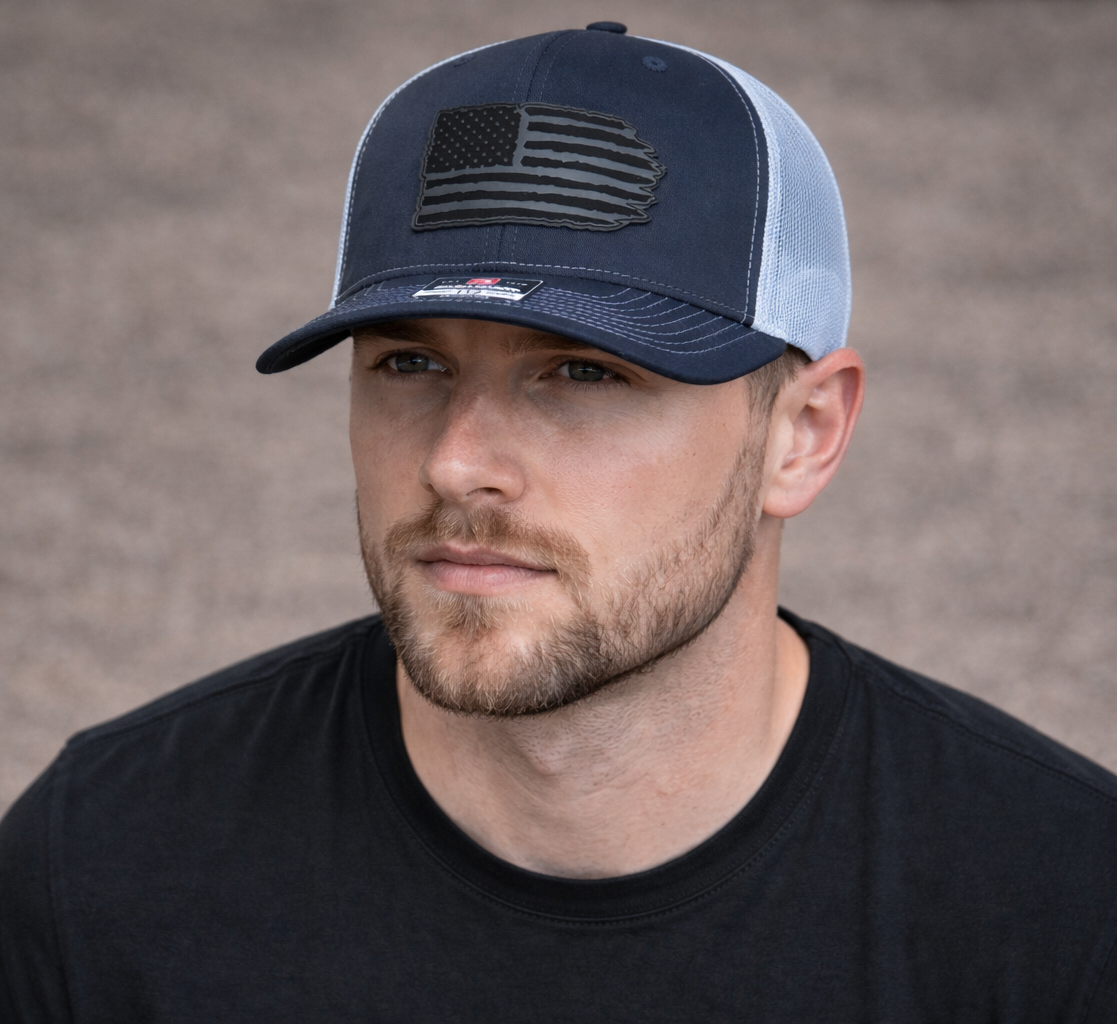 Richardson 112 hat with black leather American flag design, high quality caps American style