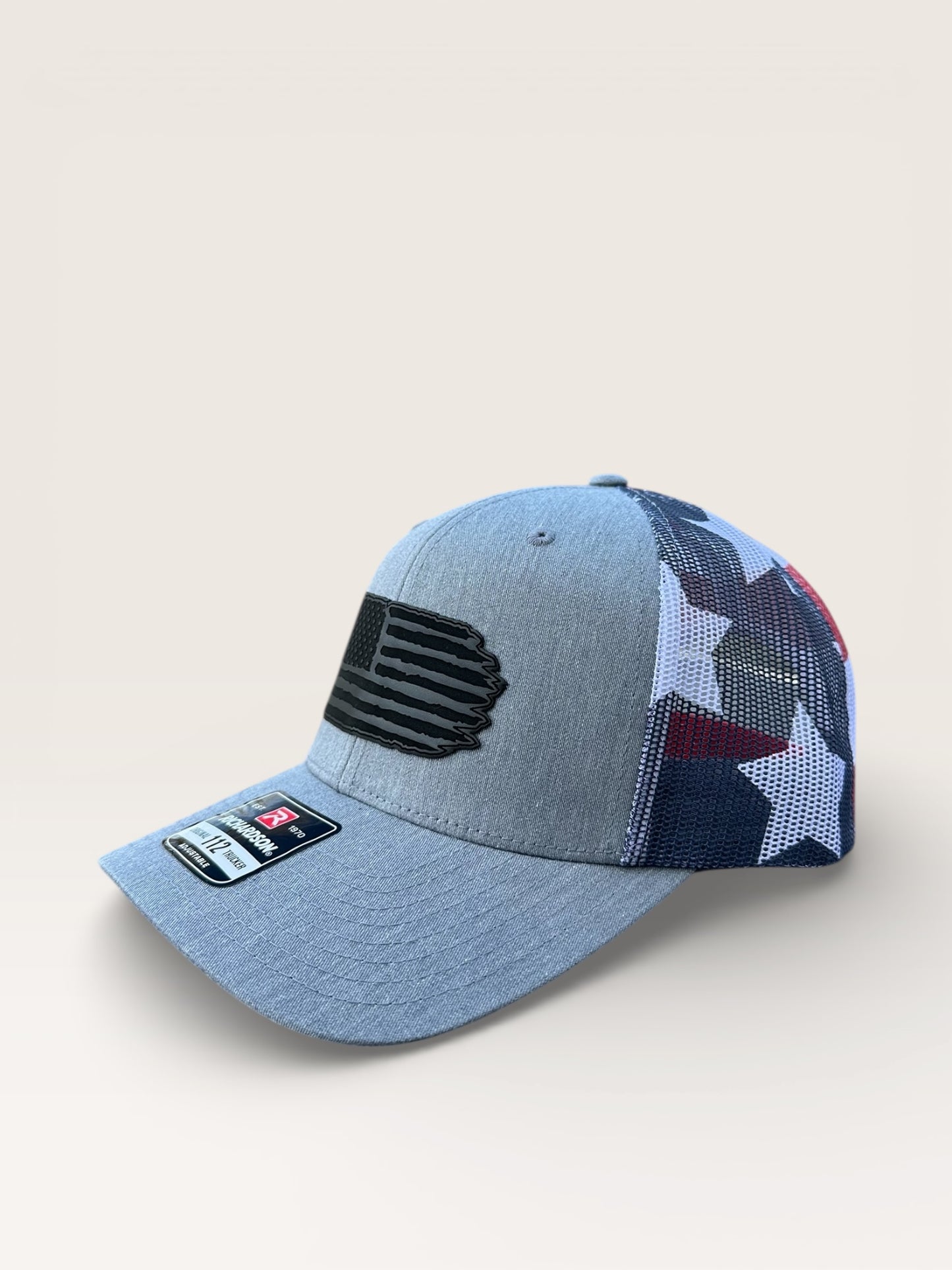 Richardson 112 Hat with Black Leather American Flag Design