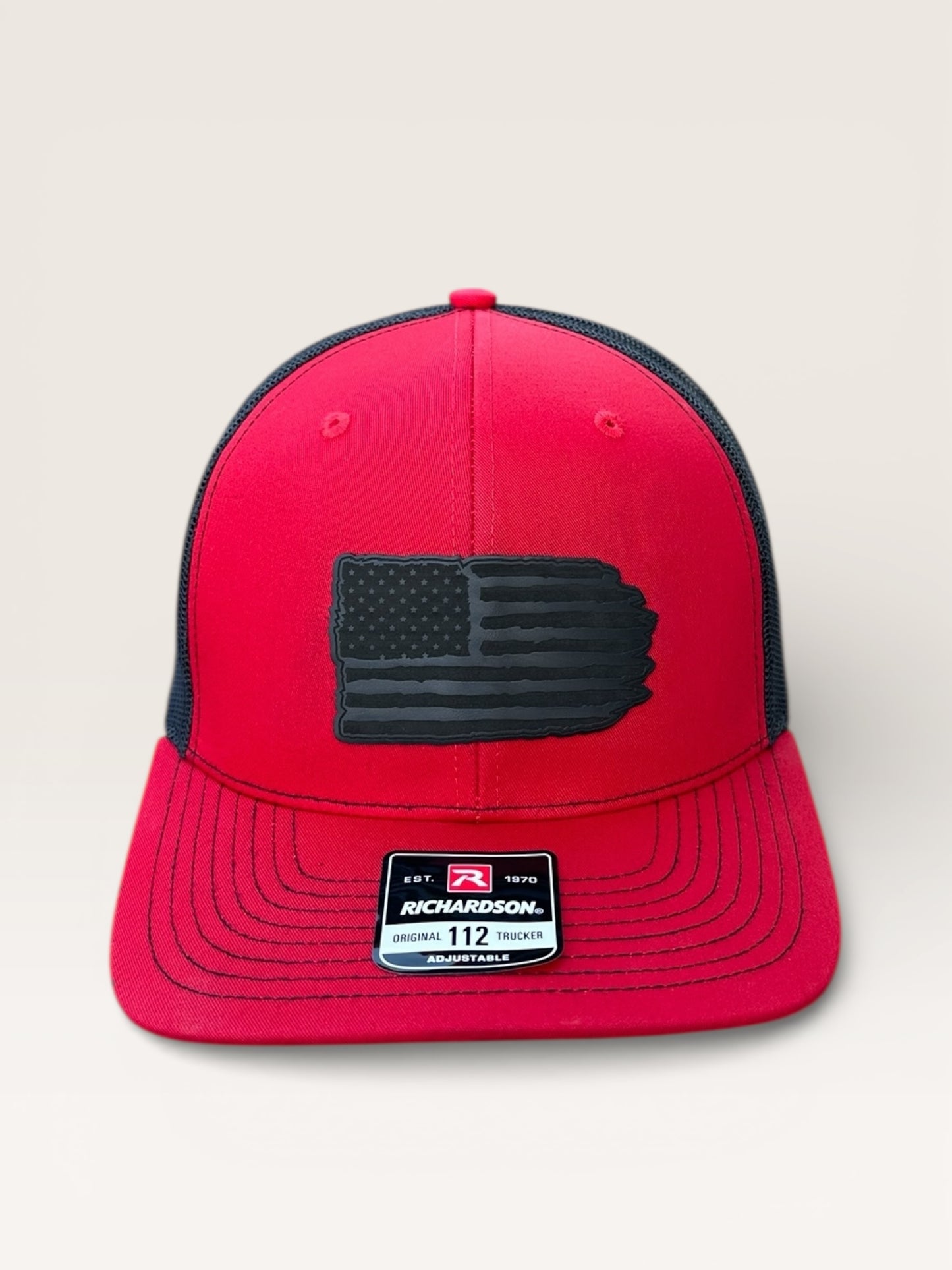 Richardson 112 Hat with Black Leather American Flag Design