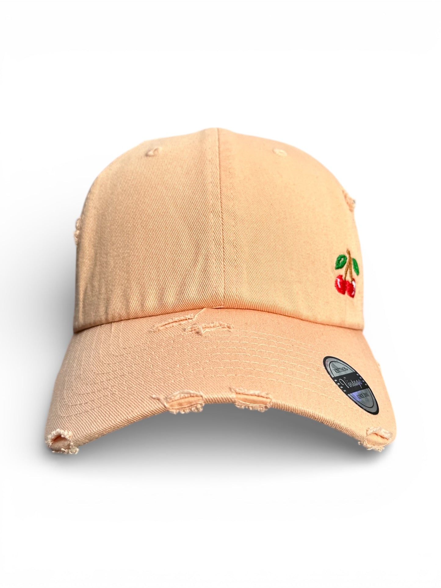 Vintage Distressed Dad Hat with Embroidered Cherries