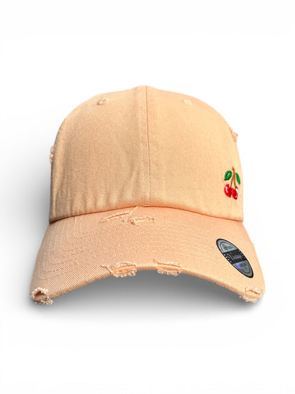 Vintage Distressed Dad Hat with Embroidered Cherries