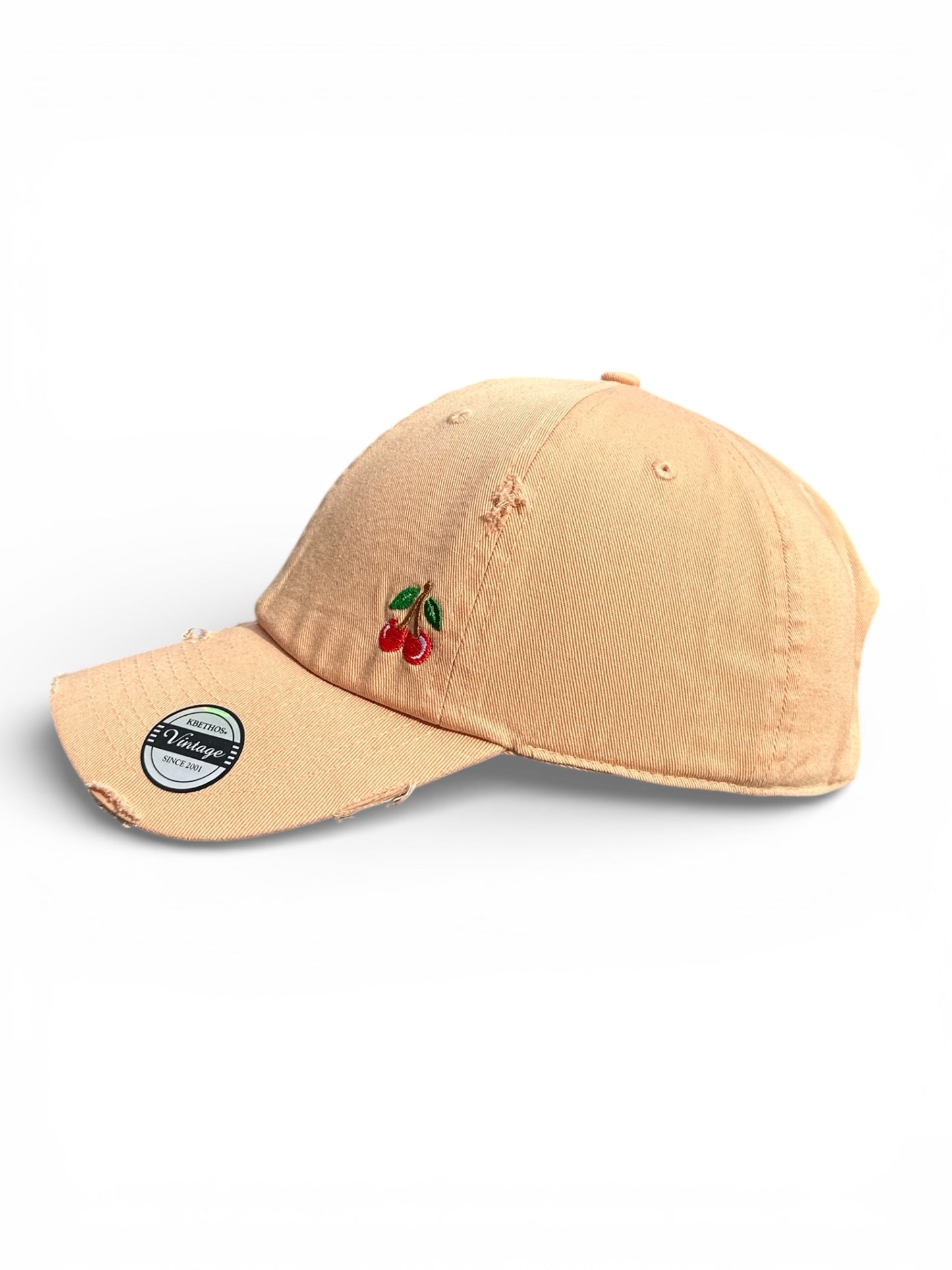 Vintage Distressed Dad Hat with Embroidered Cherries