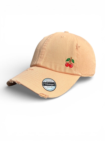 Vintage Distressed Dad Hat with Embroidered Cherries