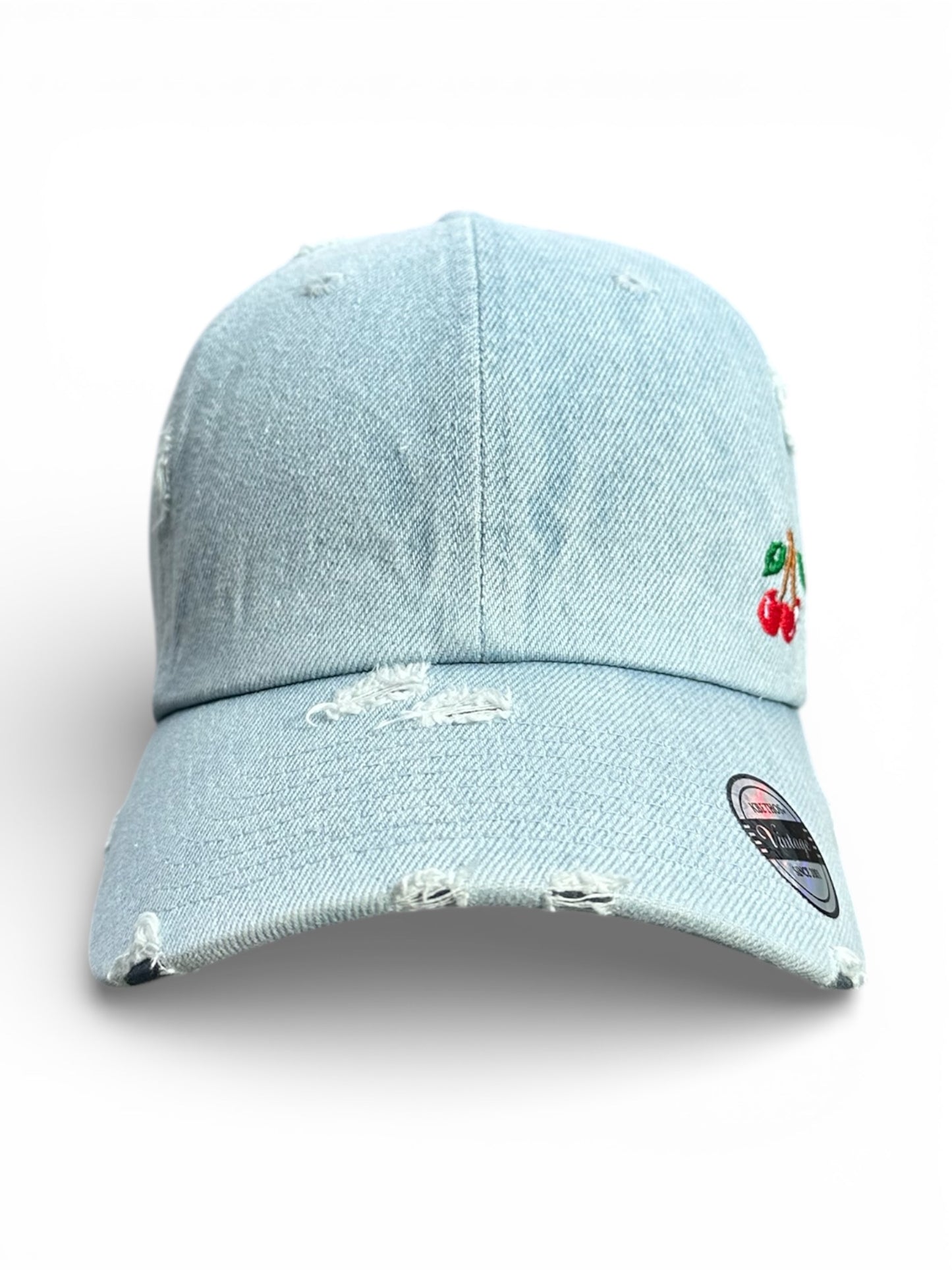 Vintage Distressed Dad Hat with Embroidered Cherries