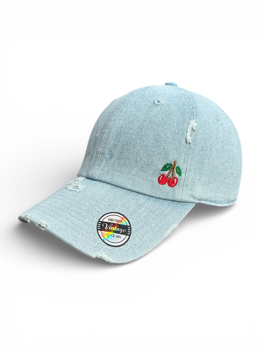 Vintage Distressed Dad Hat with Embroidered Cherries