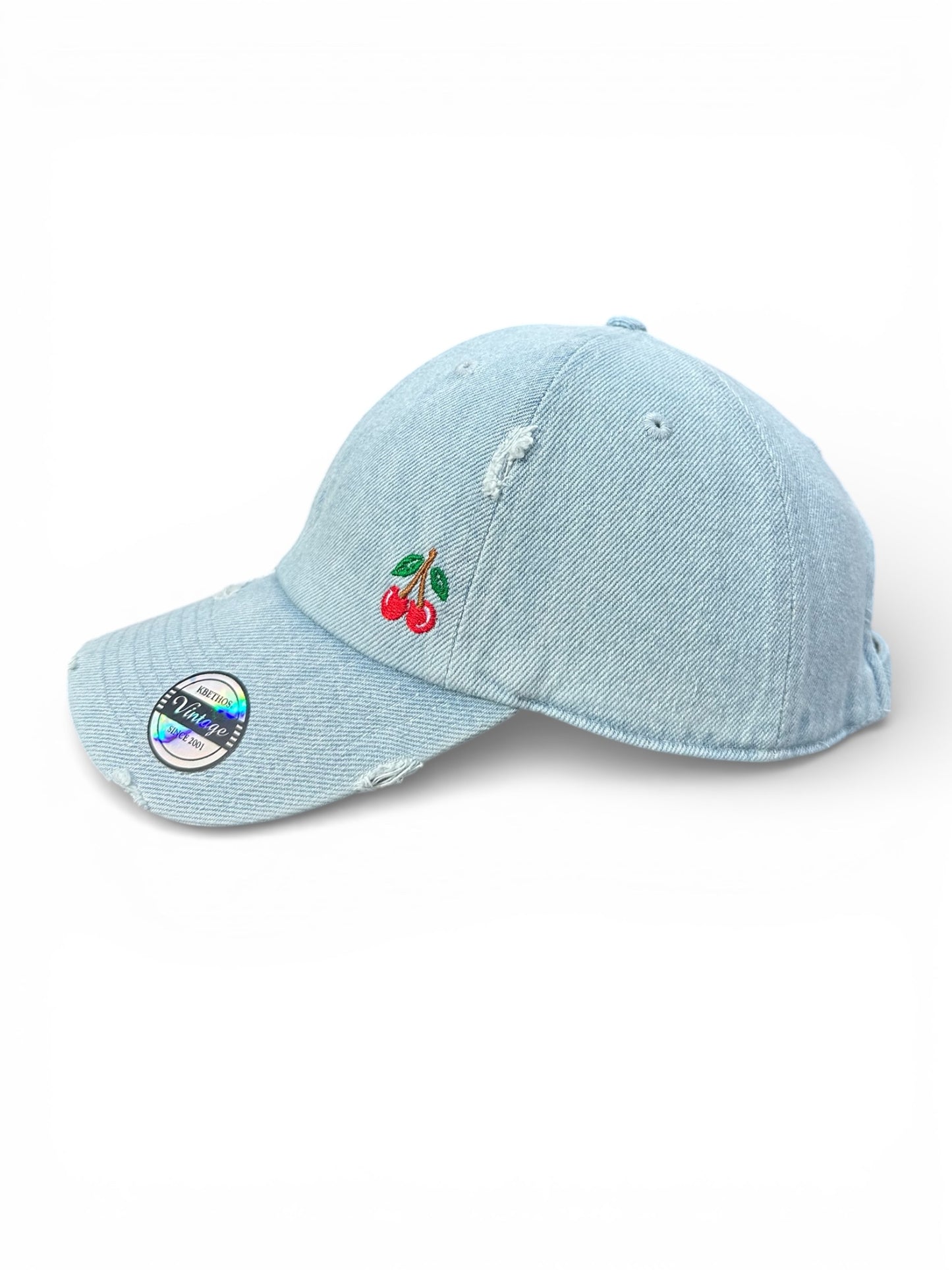 Vintage Distressed Dad Hat with Embroidered Cherries