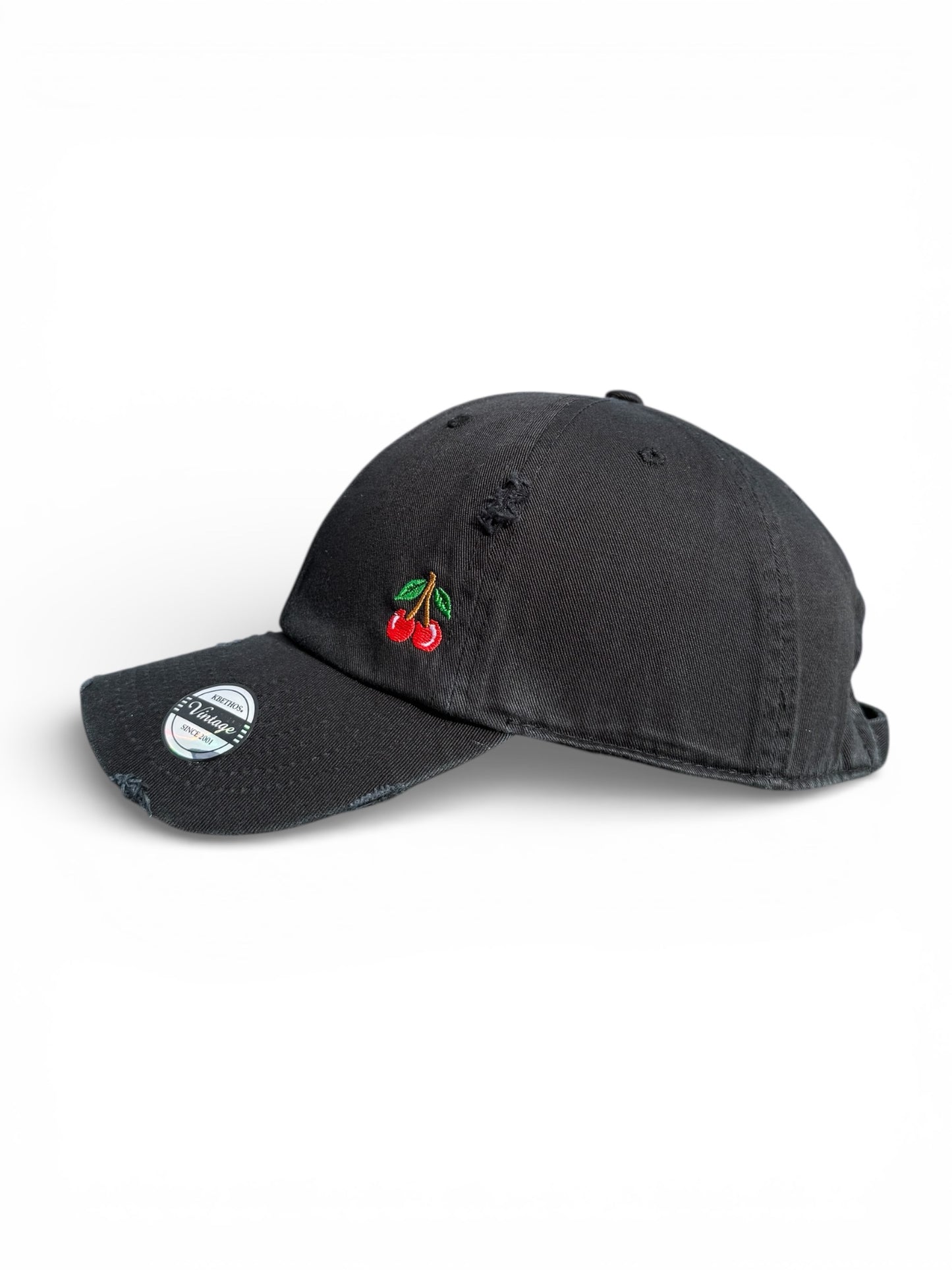 Vintage Distressed Dad Hat with Embroidered Cherries