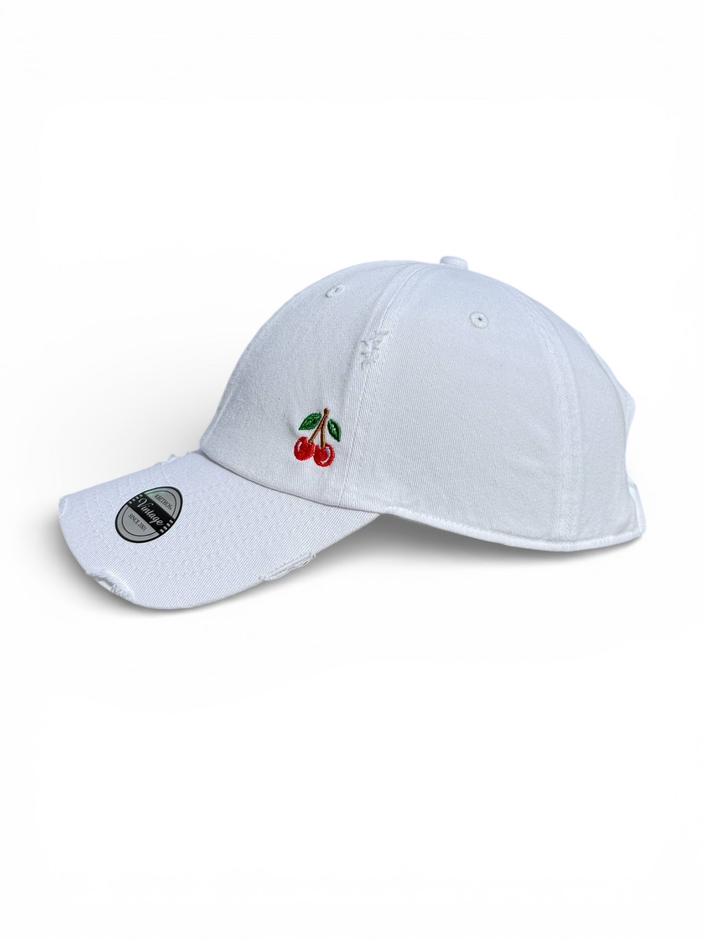 Vintage Distressed Dad Hat with Embroidered Cherries