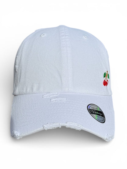 Vintage Distressed Dad Hat with Embroidered Cherries