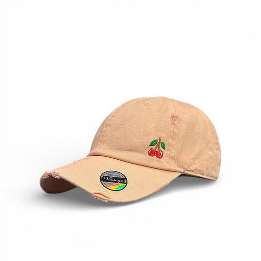 Vintage Distressed Dad Hat with Embroidered Cherries | High Quality American Cap qorgeous