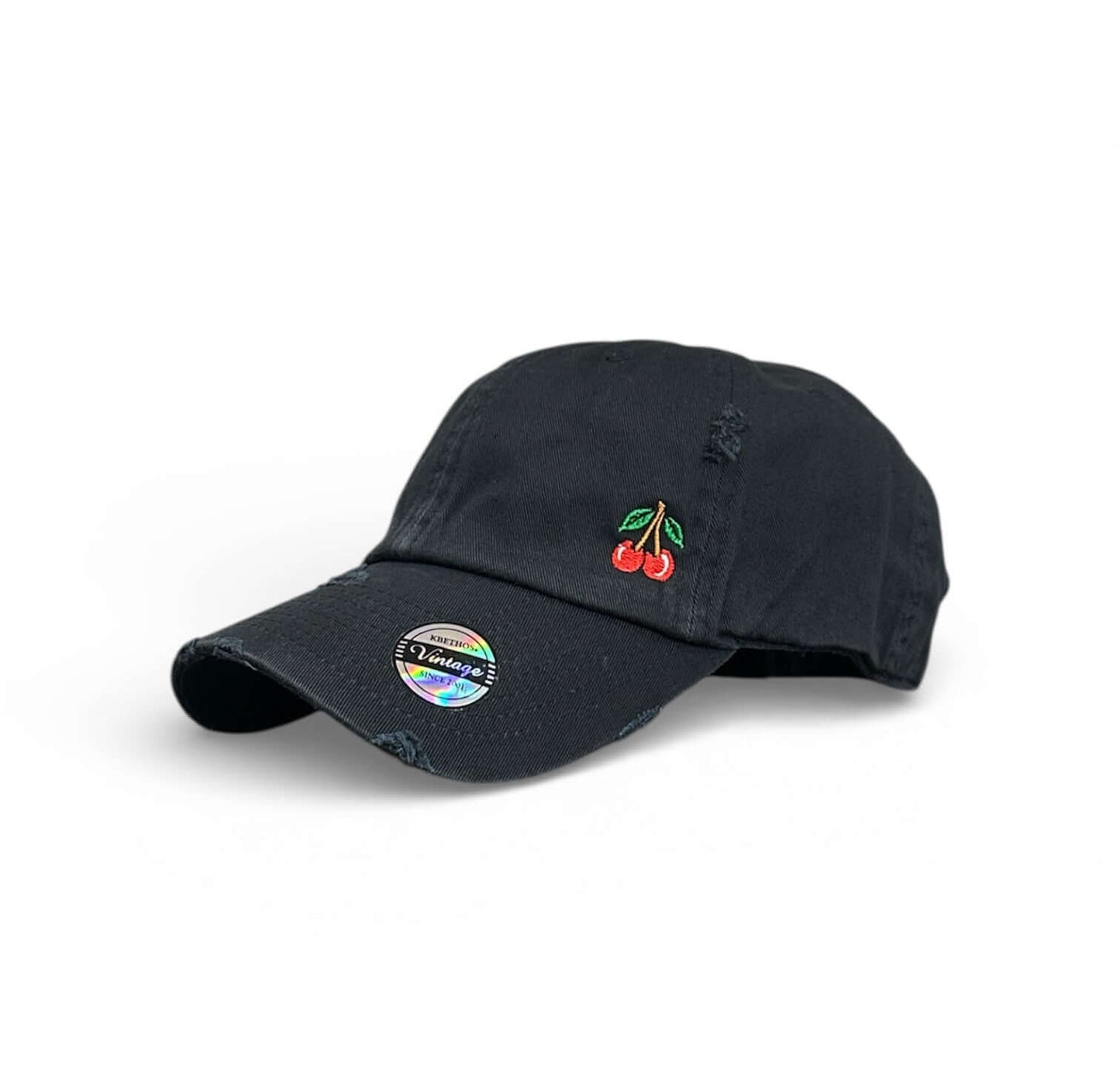 Vintage distressed dad hat with embroidered cherries, high quality dad hat in caps American style