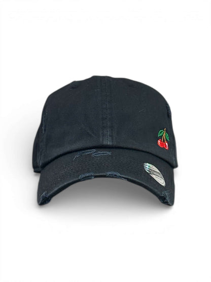 Vintage distressed dad hat with embroidered cherries, high quality dad hat in caps American style