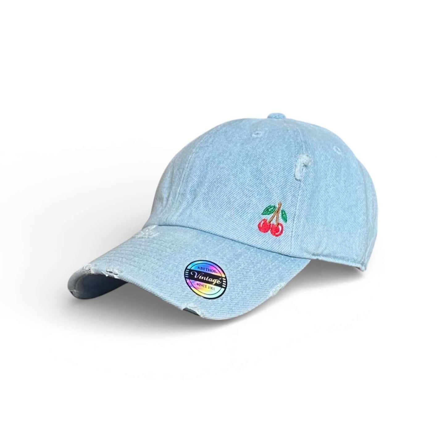 Vintage distressed dad hat with embroidered cherries, high quality dad hat in caps American style